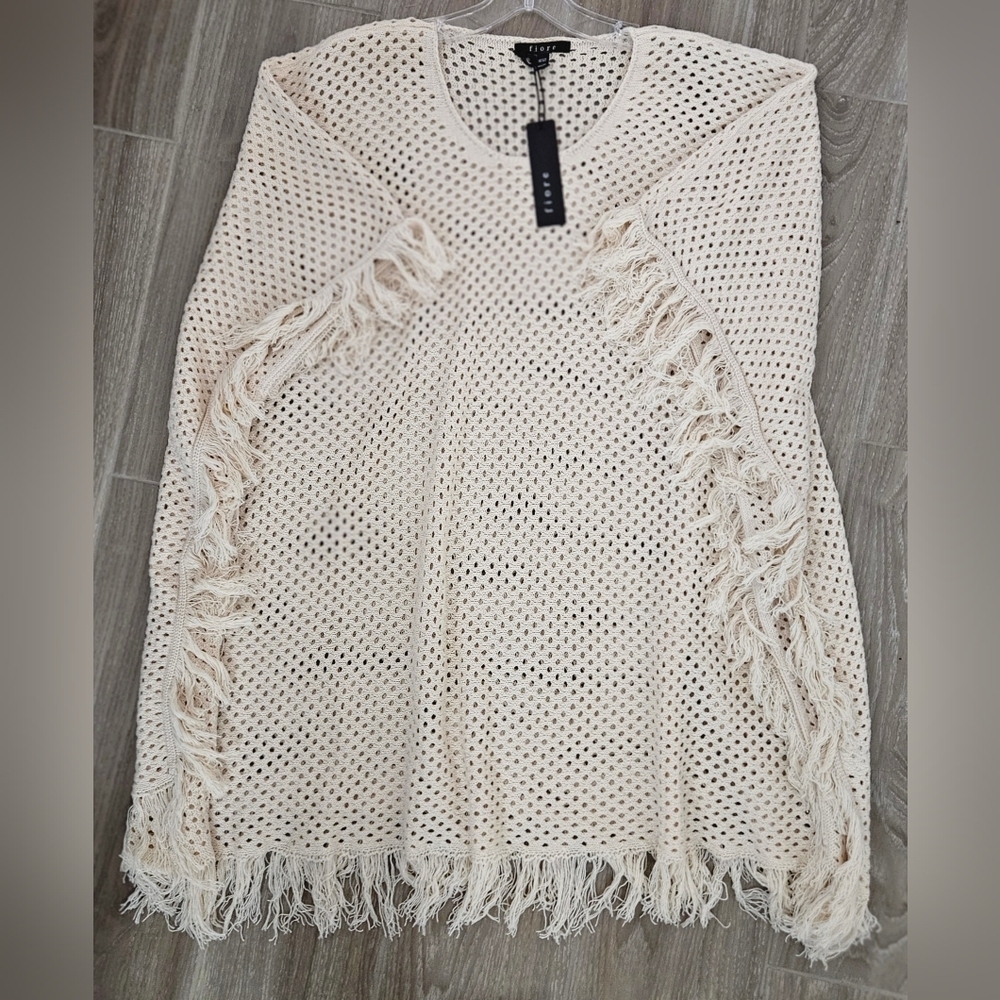 Fiore Knit Fringe Poncho Cream Oversized - Picture 5 of 8